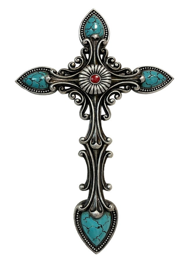 De Leon Collections 14230 Vintage Ornate Antique Turquoise and Silver Tone 15.5 Inch Polyresin Southwestern Decorative Home Décor Hanging Sculpture Wall Cross - Image 1